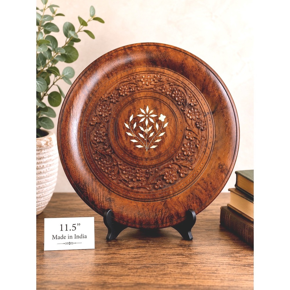 Archana Handicrafts Hand Carved Wood Plate Floral Bone Inlay India Boho Decor